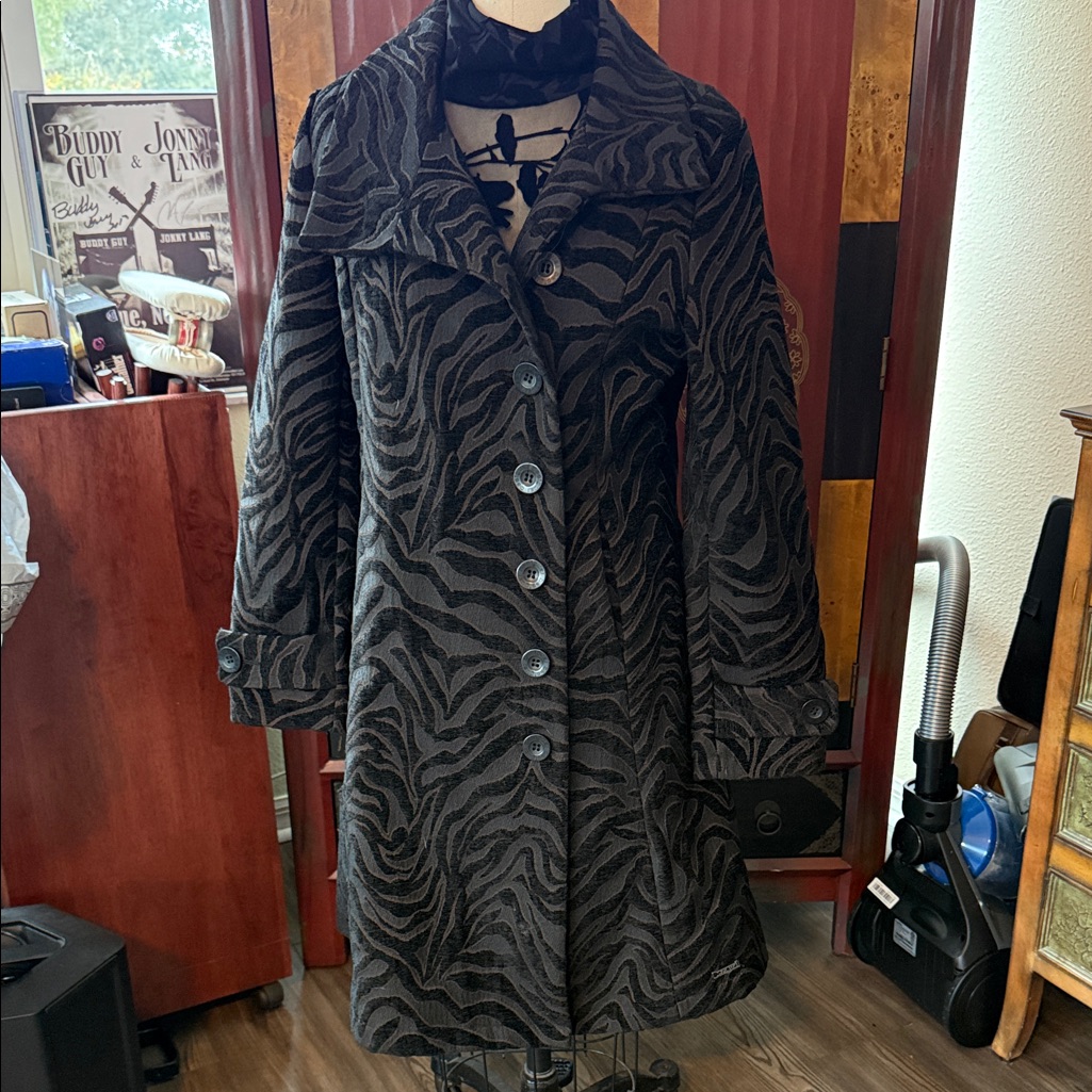 Desigual Black And Gray Zebra Trench Coat